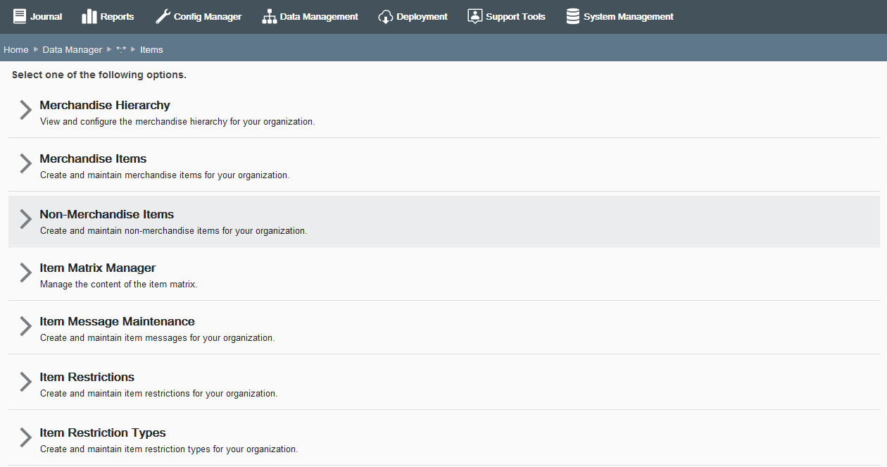 Data Manager - Items page