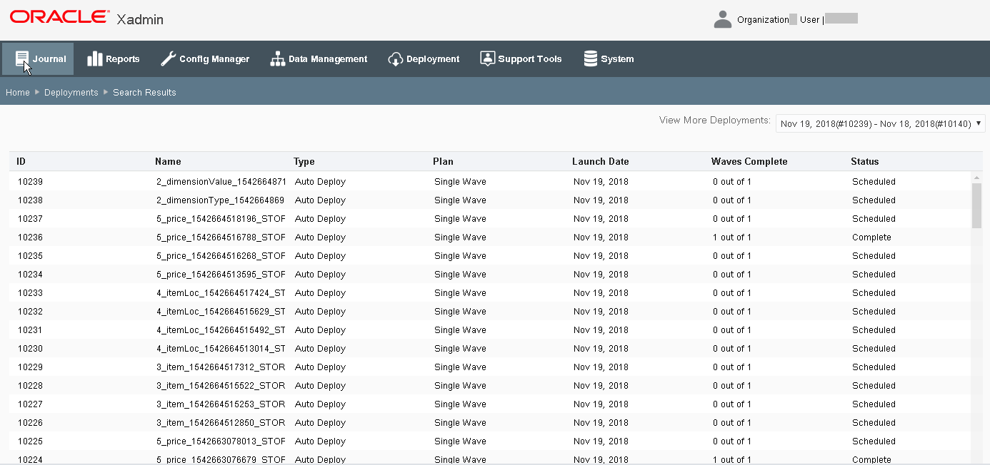 This image shows the deployment search results in Xstore Office.