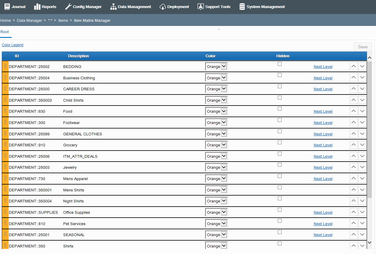 Item Matrix Manager page