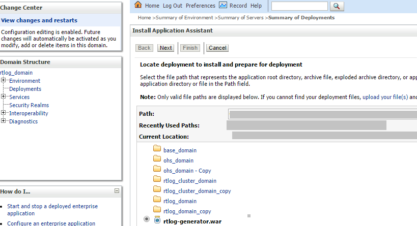 Administration Console Install Application Assistant page