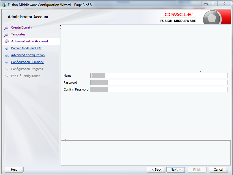 Configuration Wizard Administrator Account page.