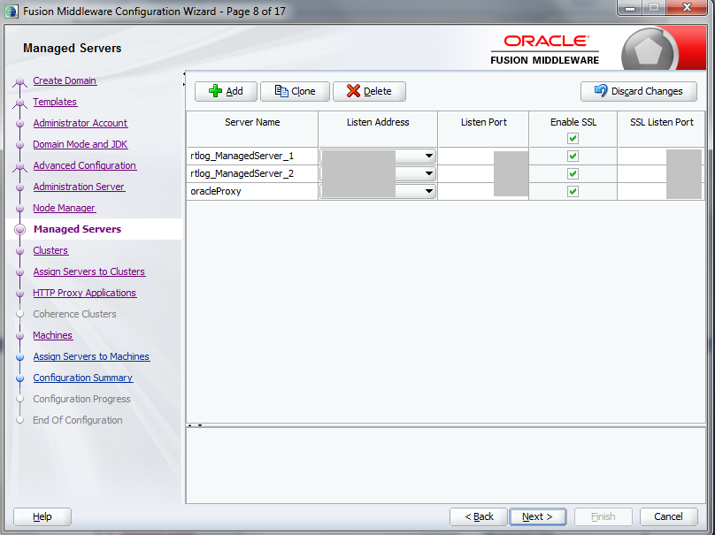 Configuration Wizard Managed Servers page.