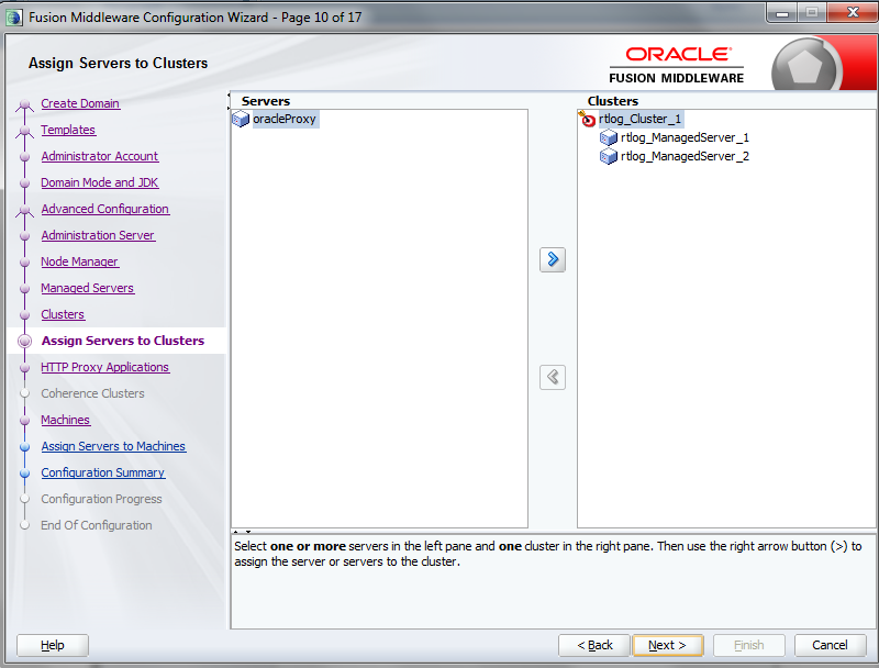 Configuration Wizard Assign Servers to Clusters page