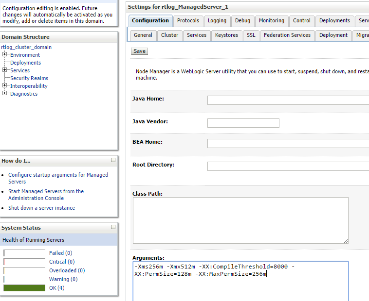 Administration Console Configuration page under ServerStart