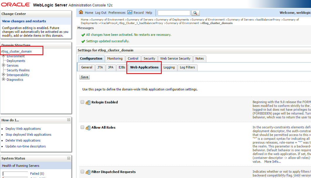 Administration Console Settings for the Web Application tab