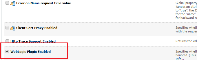 This image shows the WebLogic Plugin Enabled parameter.