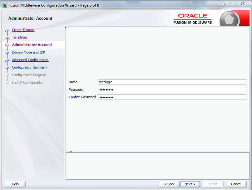 Configuration Wizard Administrator Account page.