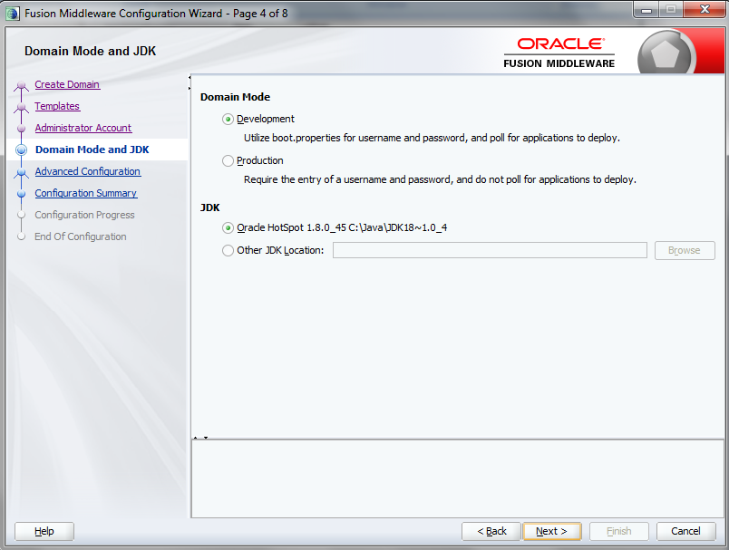 Configuration Wizard Domain Mode and JDK page