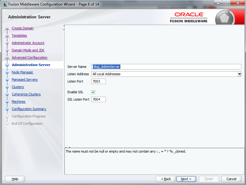 Configuration Wizard Administration Server page