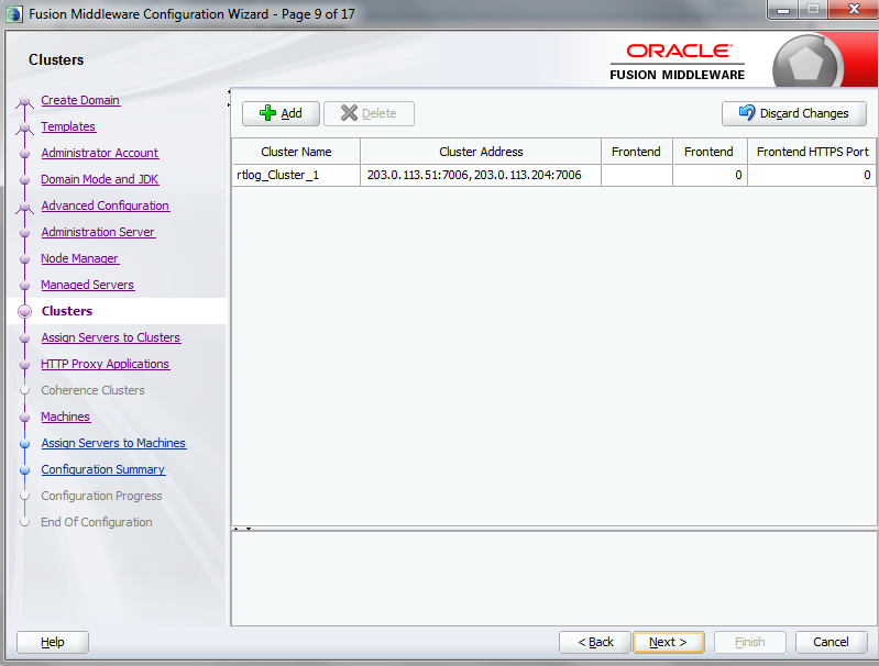 This image shows the Configuration Wizard Clusters page.