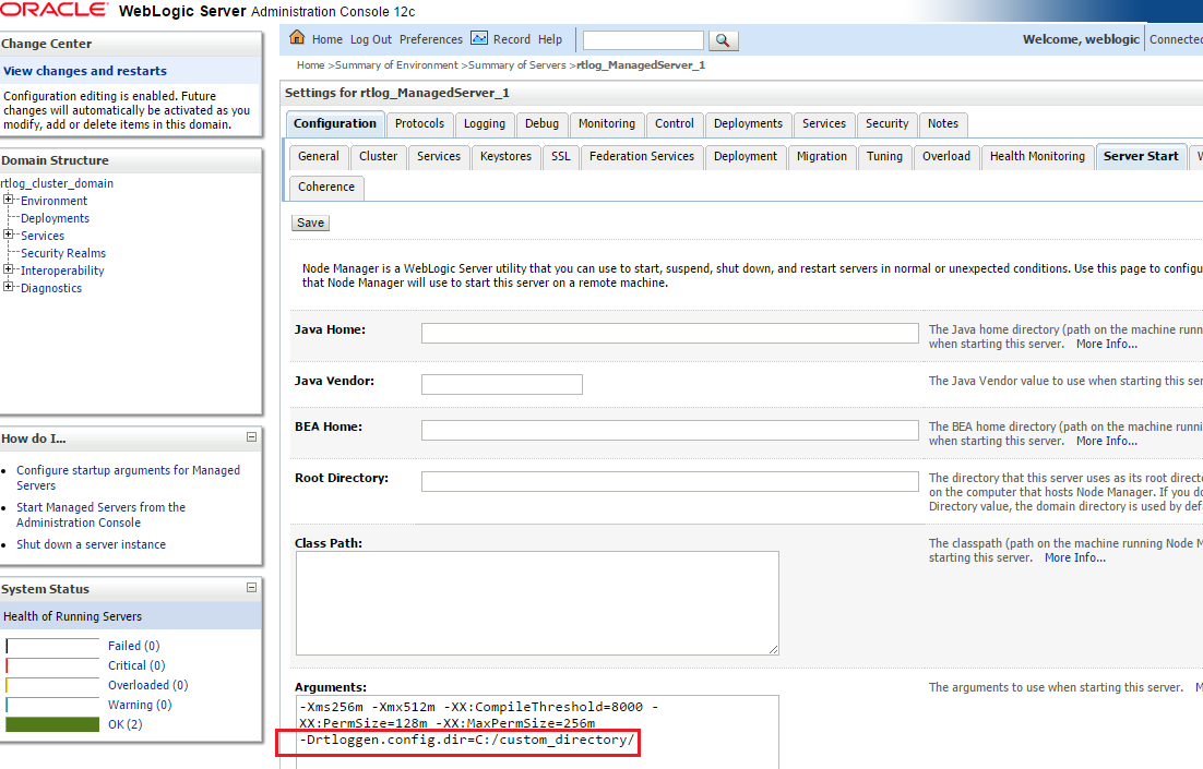 This image shows the WebLogic Server Administration Console.