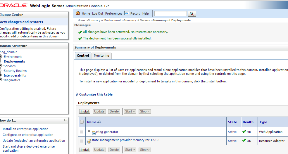 Administration Console Summary of Deployments page