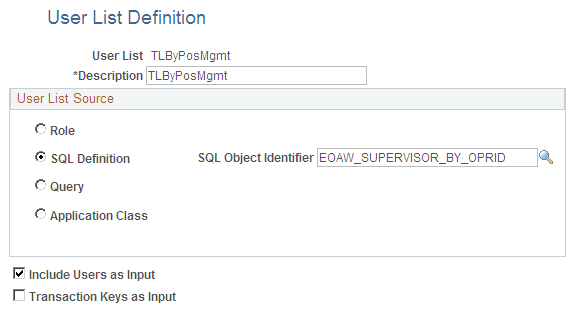 User List Definition page