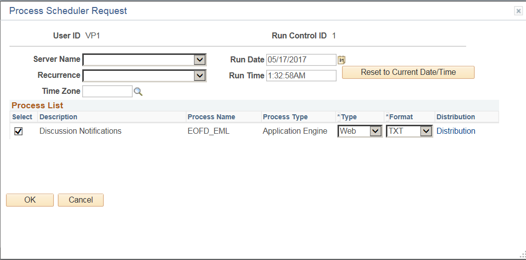 Process Scheduler Request modal window