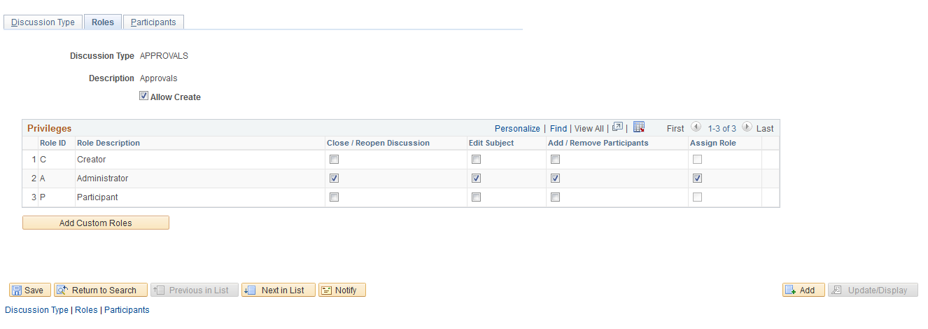 Discussion Type Roles page