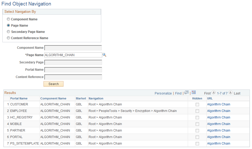 Find Object Navigation page with navigation grid displaying path and URL for search parameters of page name