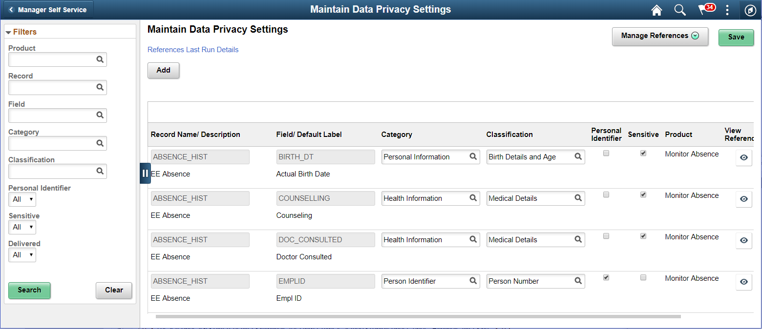 Maintain Data Privacy Settings Page