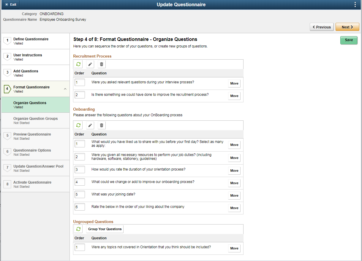 Format Questionnaire Organize Questions page