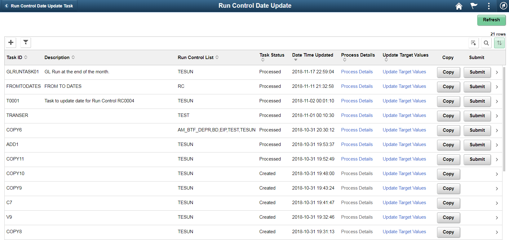 Run Control Date Update page