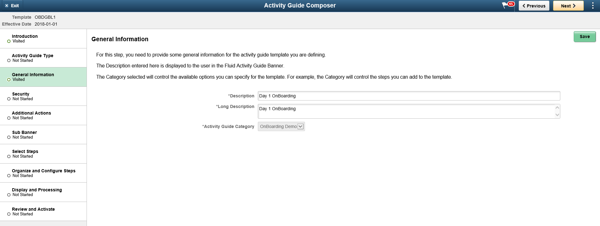 Activity Guide Composer - General Information Page