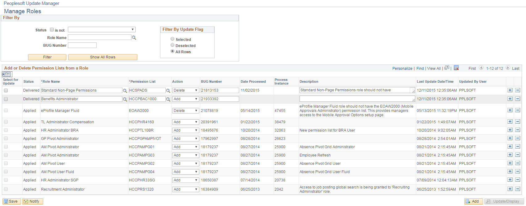 Manage Roles page