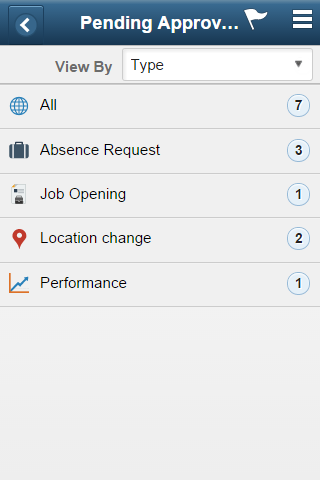 (Smartphone) List of transaction categories on the Pending Approvals page