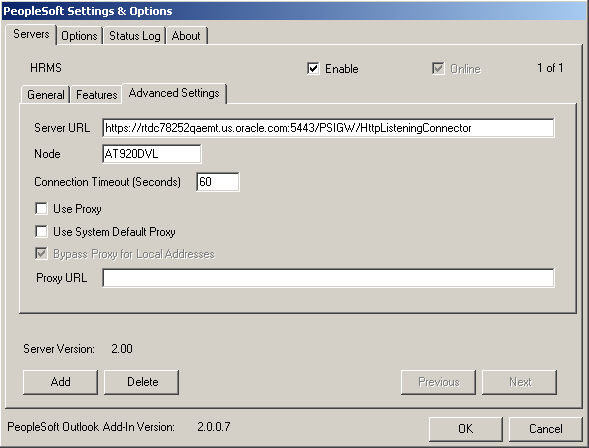 PeopleSoft Settings and Options - Servers: Advanced Settings tab