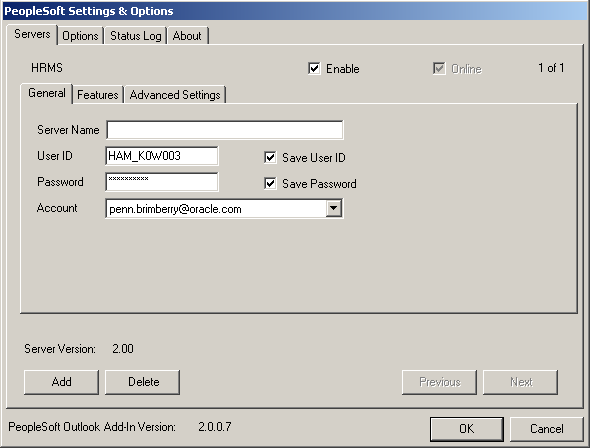 PeopleSoft Settings and Options - Servers: General tab