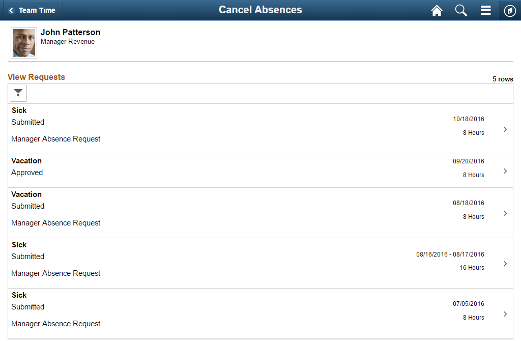 Cancel Absences (View Requests) page