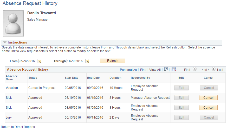 Absence Request History page