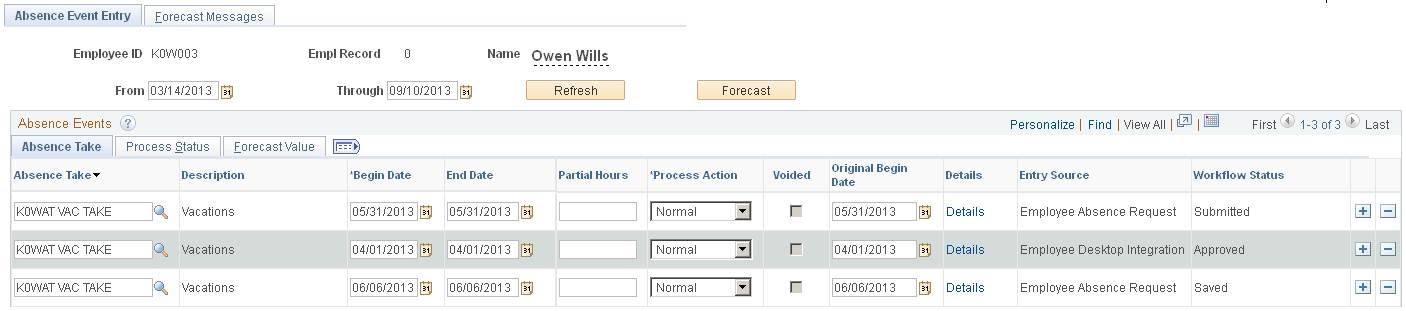 Example of an absence request that is editable by an administrator