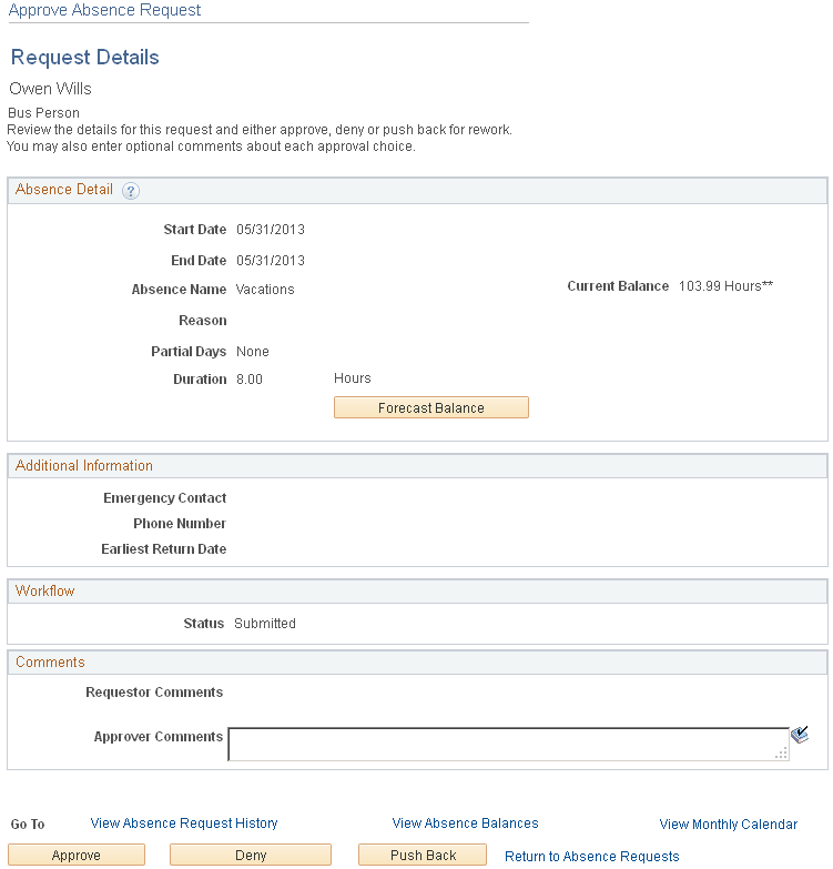 Example of an absence request that is editable by a manager through the Absence Request component