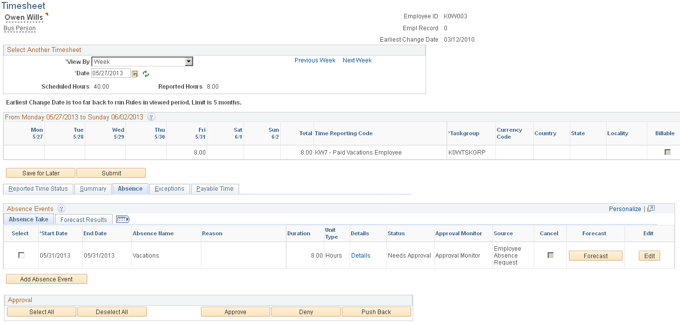 Example of an absence request that is editable by a manager through the Timesheet