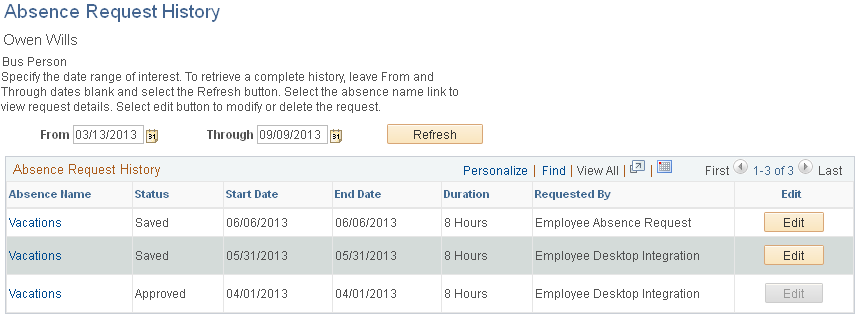 Example of an absence request created in Microsoft Outlook that is editable by an employee