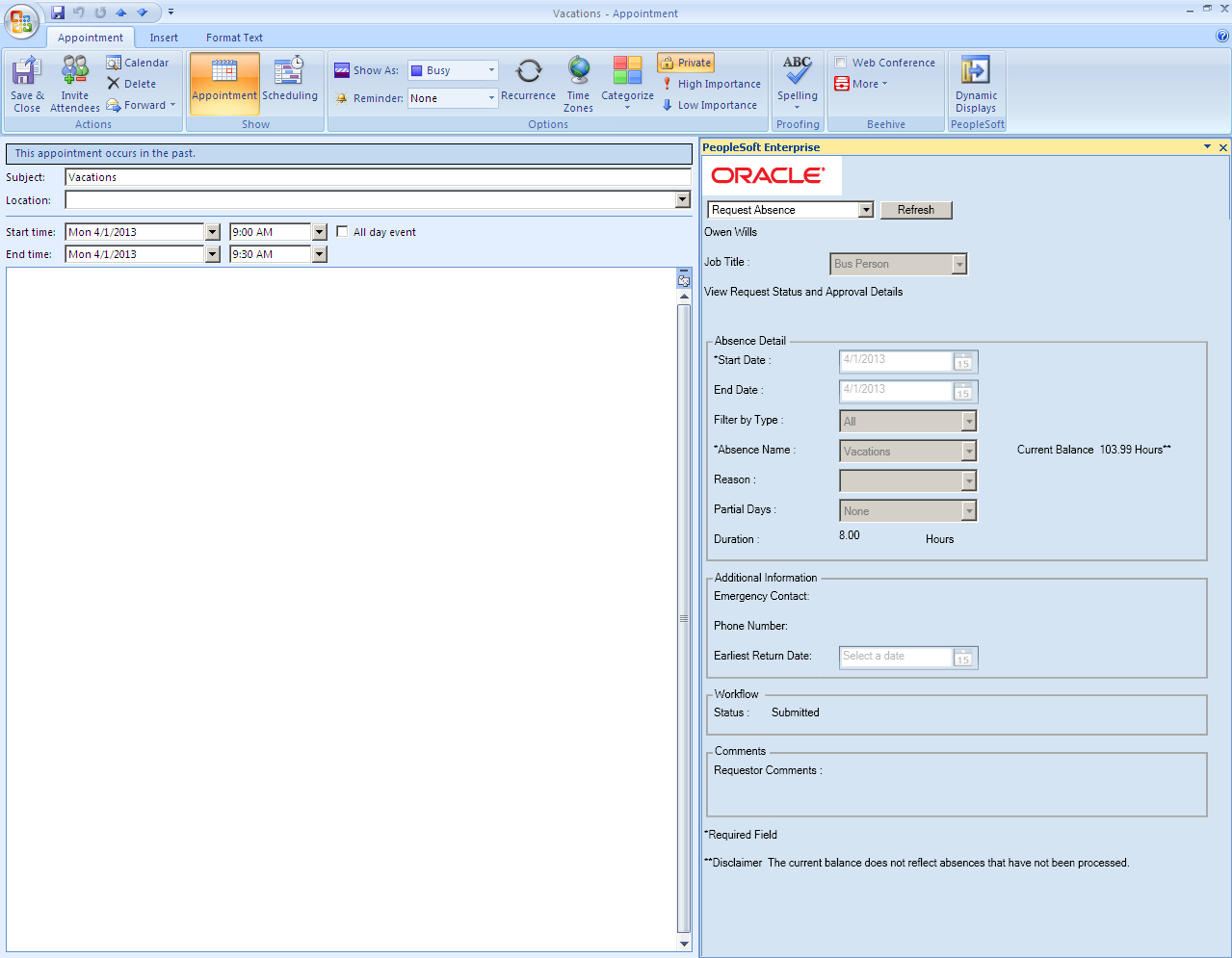 Example of an absence request that is not editable in Microsoft Outlook