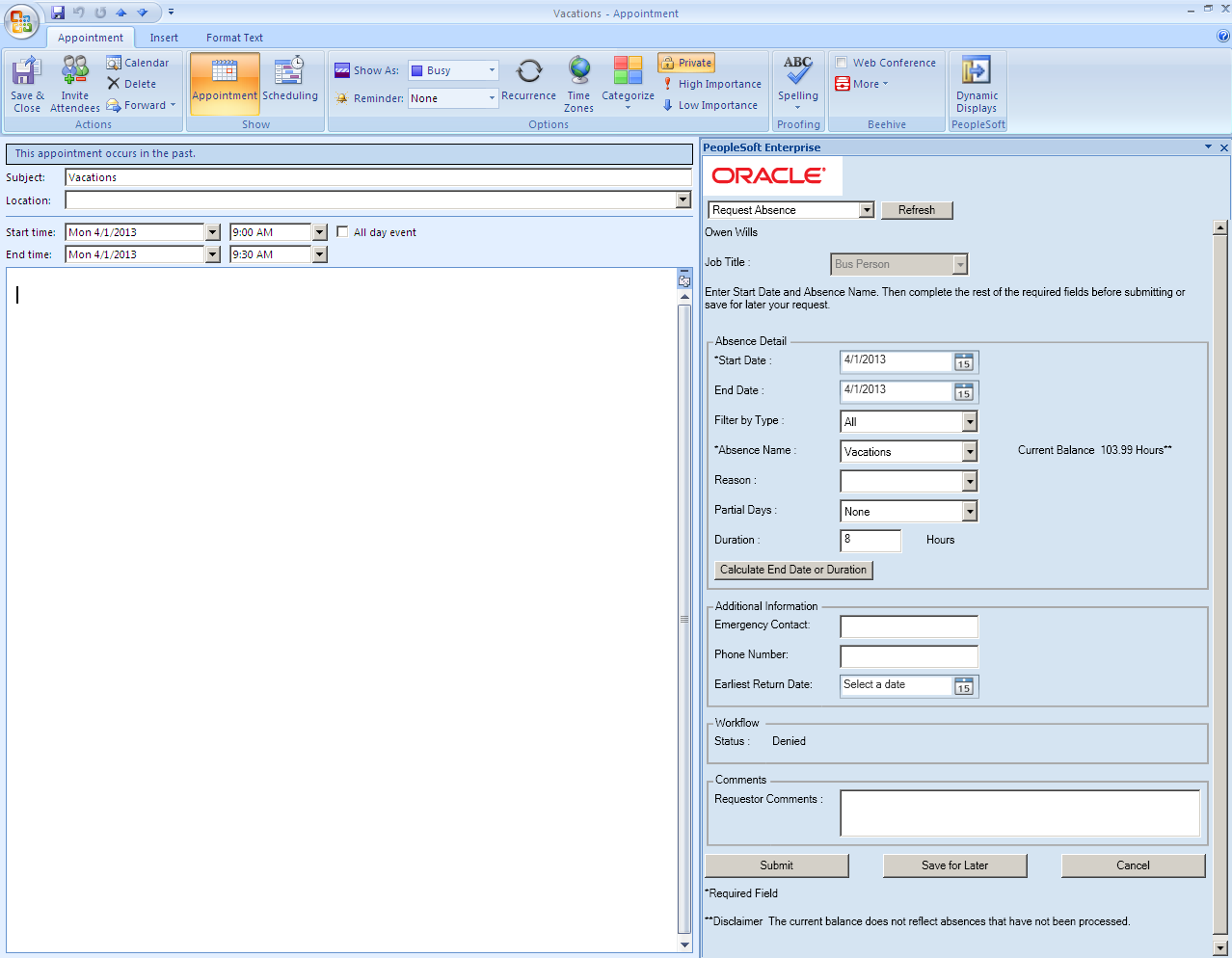 Example of an editable absence request in Microsoft Outlook