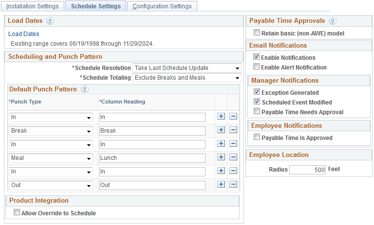 Schedule Settings page
