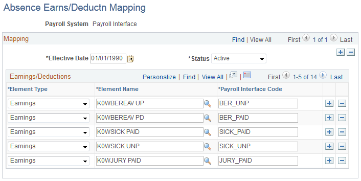 Absence Earns/Deductn Mapping page - Payroll Interface