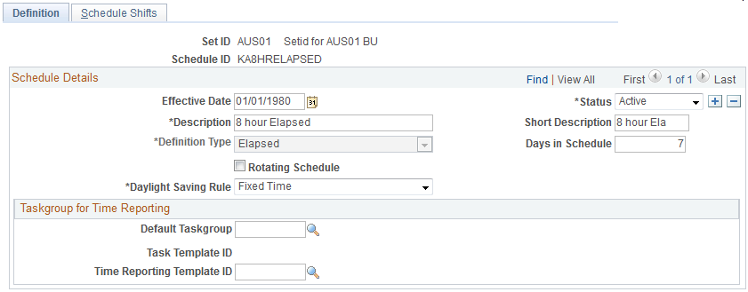 Schedules - Definition page