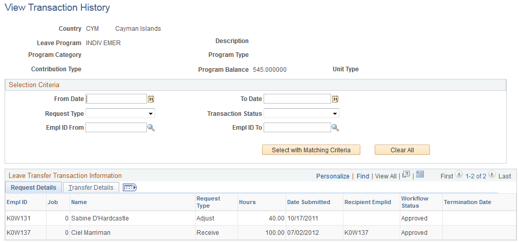 View Transaction History page