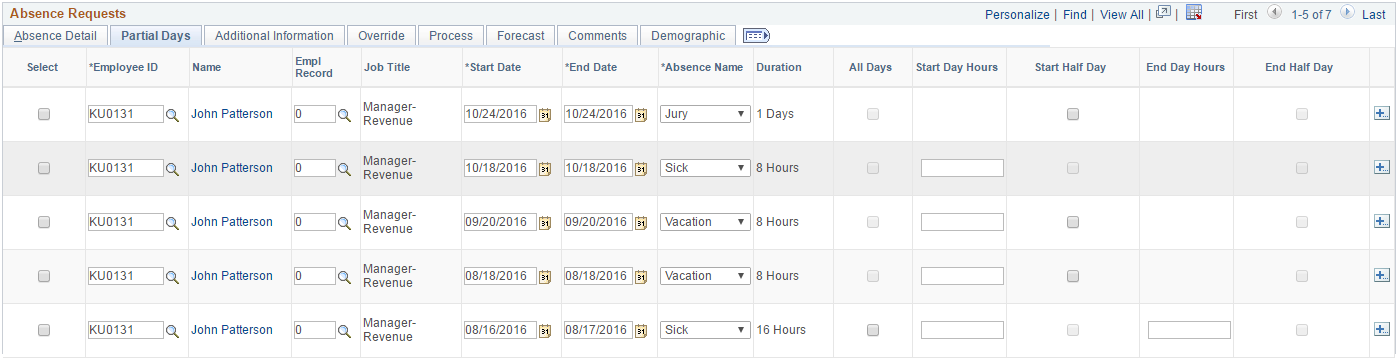 Create and Maintain Absence Requests page: Partial Days tab