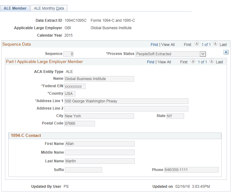 ALE Employer Transmittal Data page - ALE Member tab