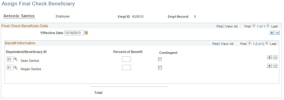 Assign Final Check Beneficiary page