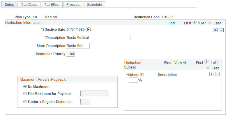 Deduction Table - Setup page