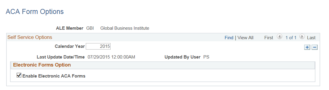 ACA Form Options page