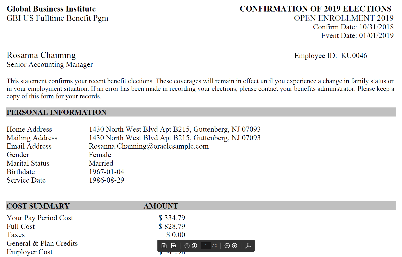 Benefits Statement - Print view of the Confirmation Statement
