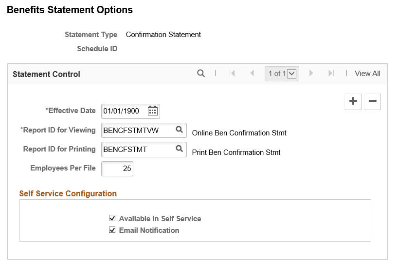 Benefits Statement Options page for Confirmation Statement