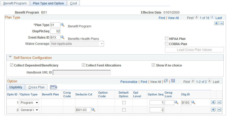 Benefit Program Table - Plan Type and Option page