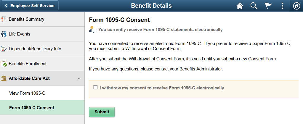 (Tablet) Form 1095-C Consent - Withdraw page