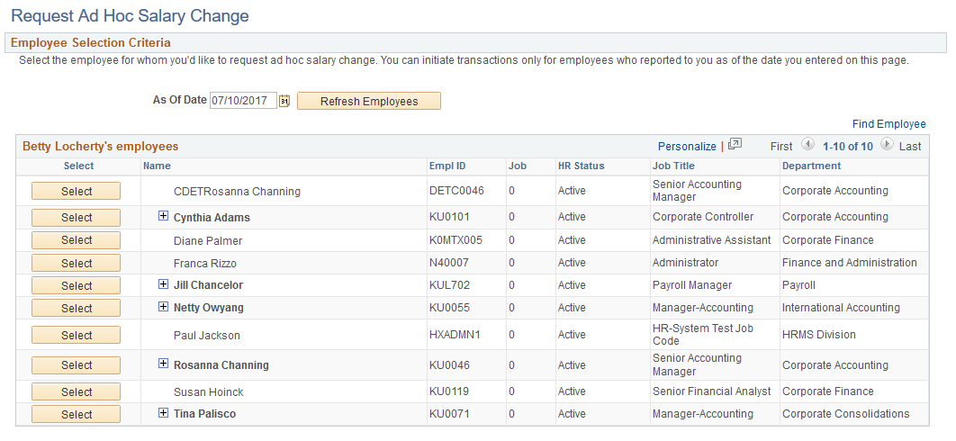 Request Ad Hoc Salary Change - Employee Selection Criteria page